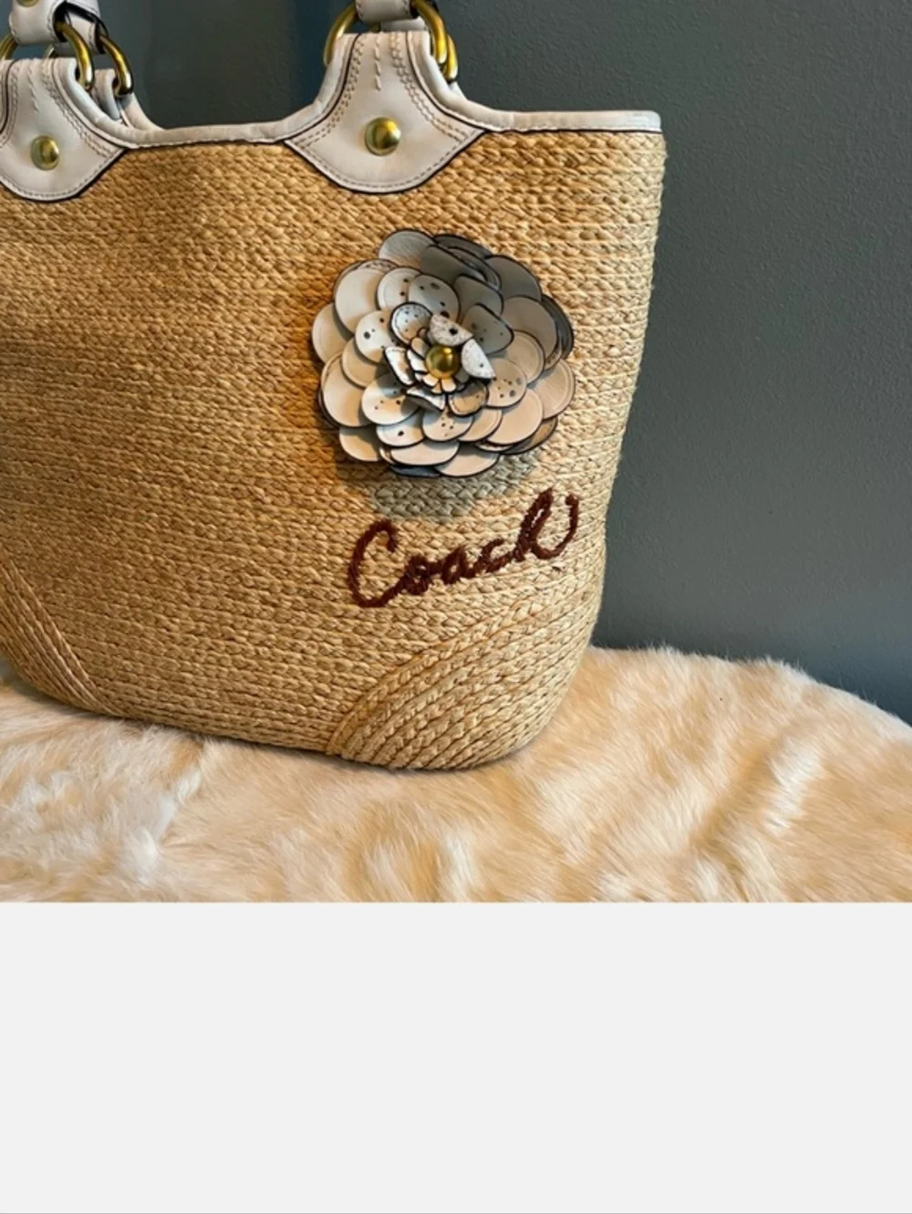 Coach Bleecker Natural Straw Leather Flower Tote - Picture 2 of 12